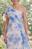 One Shoulder Chiffon White Blue Flower Sheath Mother Of the Bride Dress with Streamer