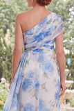 One Shoulder Chiffon White Blue Flower Sheath Mother Of the Bride Dress with Streamer