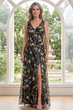 Black A-Line Embroidered V-Neck Long Mother Of the Bride Dress with Slit