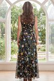 Black A-Line Embroidered V-Neck Long Mother Of the Bride Dress with Slit