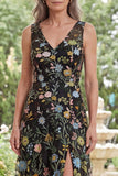 Black A-Line Embroidered V-Neck Long Mother Of the Bride Dress with Slit