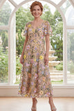 Champagne A-Line Embroidered Midi Mother Of the Bride Dress with Short Sleeves