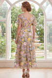 Champagne A-Line Embroidered Midi Mother Of the Bride Dress with Short Sleeves