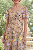 Champagne A-Line Embroidered Midi Mother Of the Bride Dress with Short Sleeves