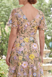 Champagne A-Line Embroidered Midi Mother Of the Bride Dress with Short Sleeves