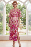Fuchsia Floral Sheath Embroidered Midi Mother Of the Bride Dress with Slit