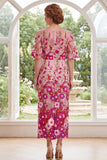 Fuchsia Floral Sheath Embroidered Midi Mother Of the Bride Dress with Slit