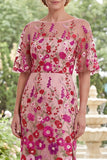Fuchsia Floral Sheath Embroidered Midi Mother Of the Bride Dress with Slit