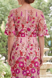 Fuchsia Floral Sheath Embroidered Midi Mother Of the Bride Dress with Slit
