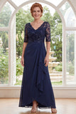 Navy Chiffon A Line Half Sleeves Long Mother Of the Bride Dress with Sequins