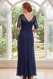 Navy Chiffon A Line Half Sleeves Long Mother Of the Bride Dress with Sequins