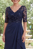 Navy Chiffon A Line Half Sleeves Long Mother Of the Bride Dress with Sequins