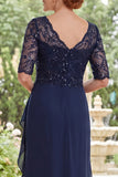 Navy Chiffon A Line Half Sleeves Long Mother Of the Bride Dress with Sequins
