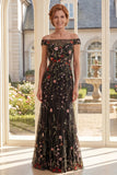 Off the Shoulder Black Floral Mermaid Embroidered Long Mother Of the Bride Dress