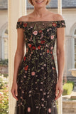 Off the Shoulder Black Floral Mermaid Embroidered Long Mother Of the Bride Dress