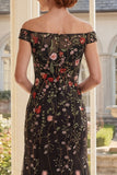 Off the Shoulder Black Floral Mermaid Embroidered Long Mother Of the Bride Dress