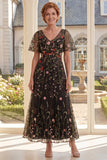 Black A Line Embroidered Short Sleeves Long Mother Of the Bride Dress