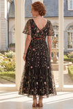 Black A Line Embroidered Short Sleeves Long Mother Of the Bride Dress