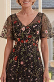 Black A Line Embroidered Short Sleeves Long Mother Of the Bride Dress