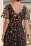 Black A Line Embroidered Short Sleeves Long Mother Of the Bride Dress