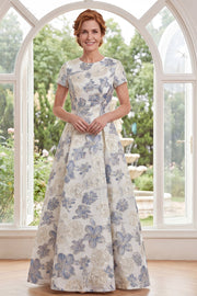 Dusty Blue A Line Round Neck Long Floral Mother Of the Bride Dress with Short Sleeves