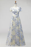 Dusty Blue A Line Round Neck Long Floral Mother Of the Bride Dress with Short Sleeves