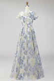 Dusty Blue A Line Round Neck Long Floral Mother Of the Bride Dress with Short Sleeves