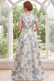 Dusty Blue A Line Round Neck Long Floral Mother Of the Bride Dress with Short Sleeves