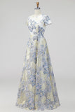 Dusty Blue A Line Round Neck Long Floral Mother Of the Bride Dress with Short Sleeves