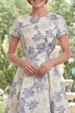 Dusty Blue A Line Round Neck Long Floral Mother Of the Bride Dress with Short Sleeves