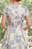 Dusty Blue A Line Round Neck Long Floral Mother Of the Bride Dress with Short Sleeves