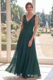 Dark Green Chiffon A Line V-Neck Long Mother Of the Bride Dress with Sequins
