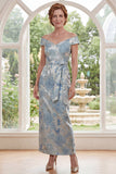 Blue Off the Shoulder Sheath Jacquard Long Mother Of the Bride Dress with Streamer