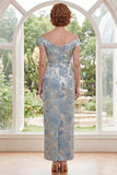 Blue Off the Shoulder Sheath Jacquard Long Mother Of the Bride Dress with Streamer