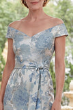 Blue Off the Shoulder Sheath Jacquard Long Mother Of the Bride Dress with Streamer