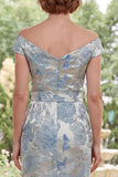 Blue Off the Shoulder Sheath Jacquard Long Mother Of the Bride Dress with Streamer