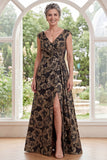 Black A-Line Jacquard V-Neck Floral Long Mother Of the Bride Dress with Slit