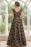 Black A-Line Jacquard V-Neck Floral Long Mother Of the Bride Dress with Slit