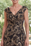 Black A-Line Jacquard V-Neck Floral Long Mother Of the Bride Dress with Slit