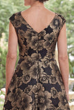 Black A-Line Jacquard V-Neck Floral Long Mother Of the Bride Dress with Slit