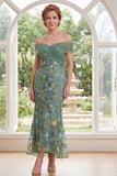 Green Mermaid Off the Shoulder Embroidered Long Mother Of the Bride Dress