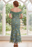 Green Mermaid Off the Shoulder Embroidered Long Mother Of the Bride Dress