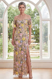 Champagne Embroidered Illusion Neck Sheath Long Mother Of the Bride Dress with Slit