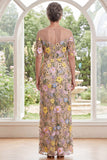 Champagne Embroidered Illusion Neck Sheath Long Mother Of the Bride Dress with Slit