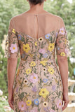 Champagne Embroidered Illusion Neck Sheath Long Mother Of the Bride Dress with Slit