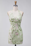 Halter Sage Green Sheer Corset Bodycon Embroidered Cocktail Dress