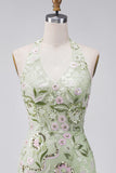 Halter Sage Green Sheer Corset Bodycon Embroidered Cocktail Dress