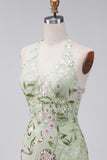 Halter Sage Green Sheer Corset Bodycon Embroidered Cocktail Dress