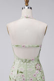 Halter Sage Green Sheer Corset Bodycon Embroidered Cocktail Dress