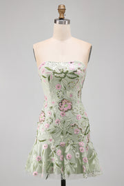 Strapless Sage Green Bodycon Floral Party Dress with Ruffles
